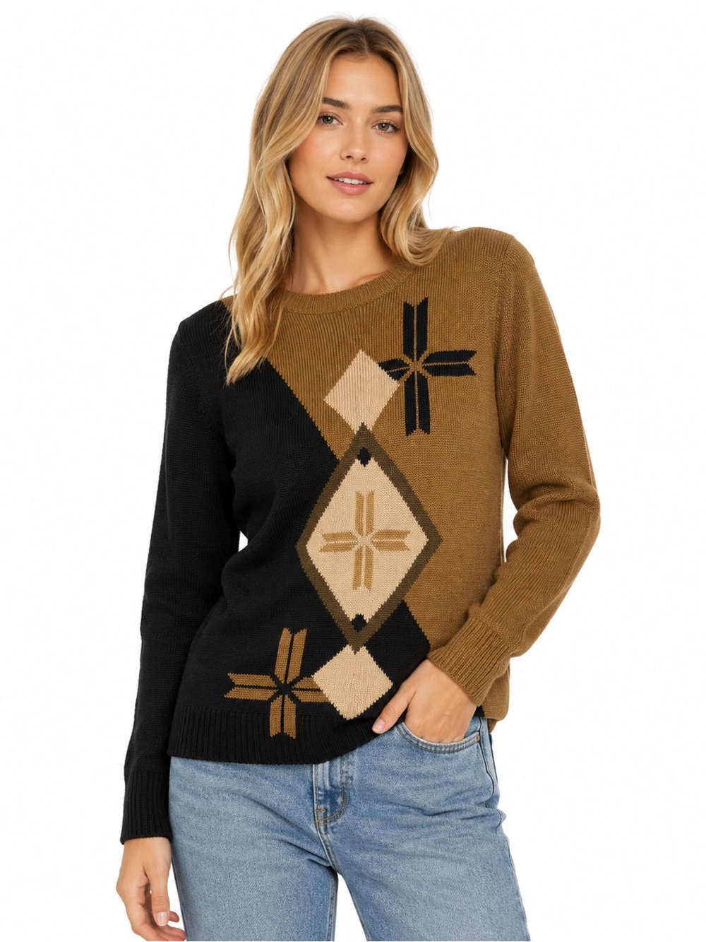 Colorblock Diamond-Print Crewneck Sweater